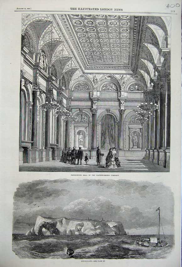 Old Antique Print 1859 Heligoland Banqueting Hall Clothworker'S Company 19th