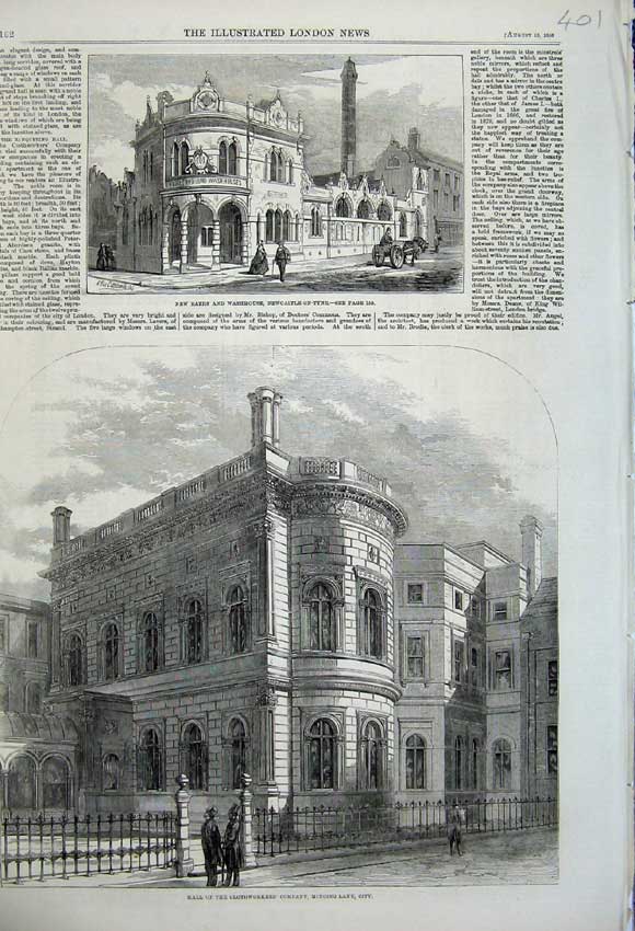 Original Old Antique Print 1859 Clothworker'S Company Baths Washhouse Newcastle