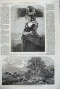 Old Antique Print 1859 Autumn Scotland Woman Hat Landscape Cattle Trees 19th