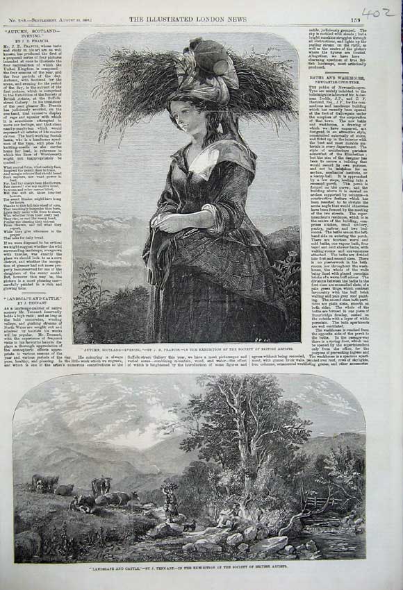 Old Antique Print 1859 Autumn Scotland Woman Hat Landscape Cattle Trees 19th
