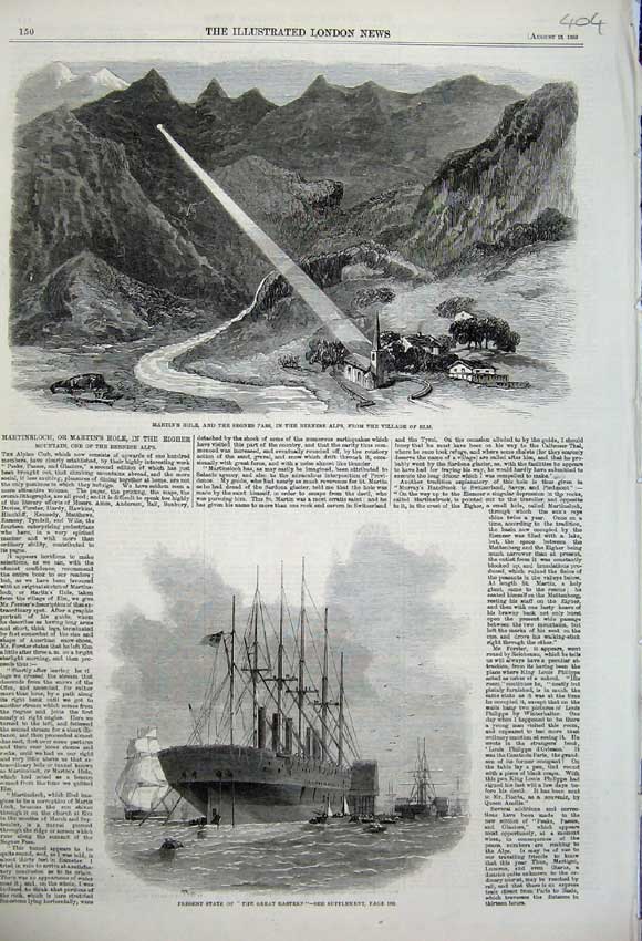 Old Antique Print 1859 Great Eastern Ship Martin'S Hole Bernese Alps Elm 19th