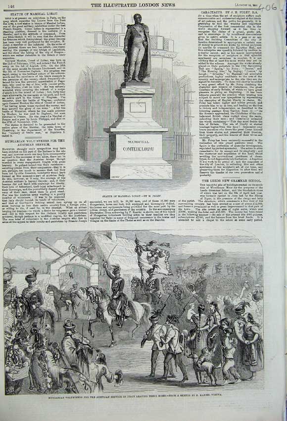 Original Old Antique Print 1859 Statue Marshal Lobau Italy Hungarian Volunteers