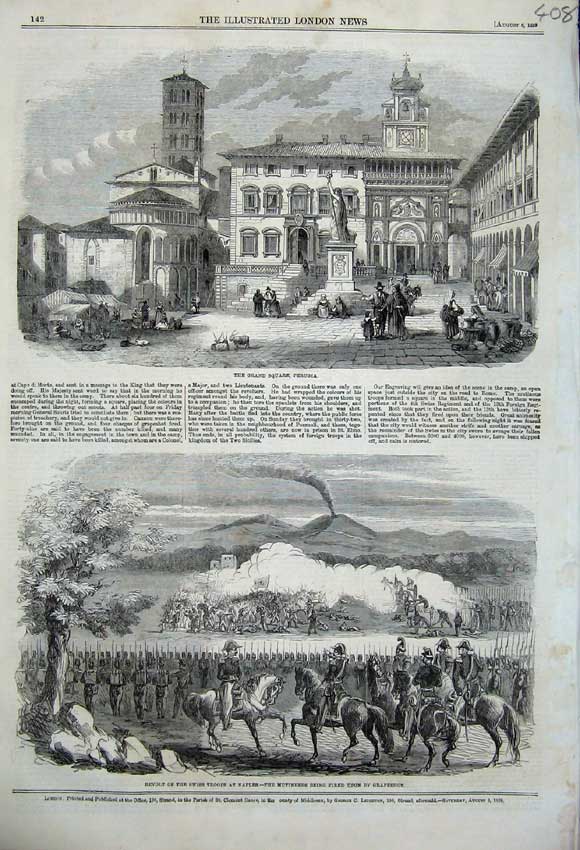 Old Antique Print Grand Square Perugia 1859 Swiss Troops Naples Grapeshot 19th