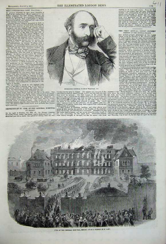 Original Old Antique Print 1859 War Robert Walpole Fire General Hospital Jersey