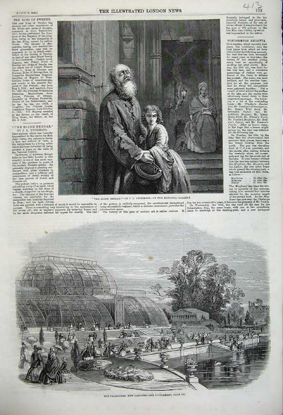 Original Old Antique Print 1859 Palmhouse Kew Gardens Blind Beggar Dyckmans Art