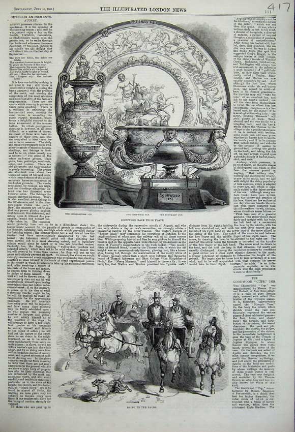 Original Old Antique Print 1859 Goodwood Race Prize Plate Races Horse Sport Dog