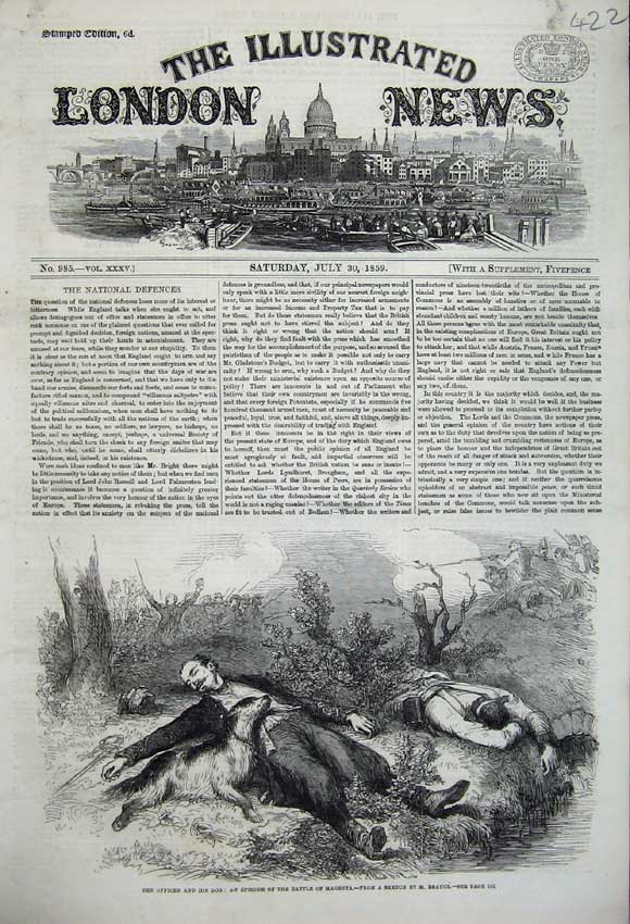 Original Old Antique Print 1859 Officer Man Dog Battle Magenta War Dead Army