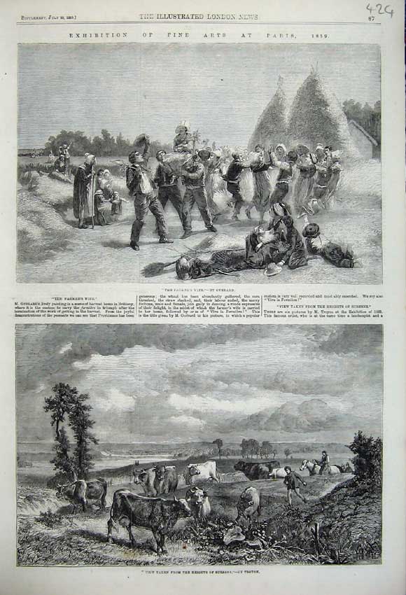 Original Old Antique Print 1859 Farming Paris Farmers Wife Party Surense Cattle