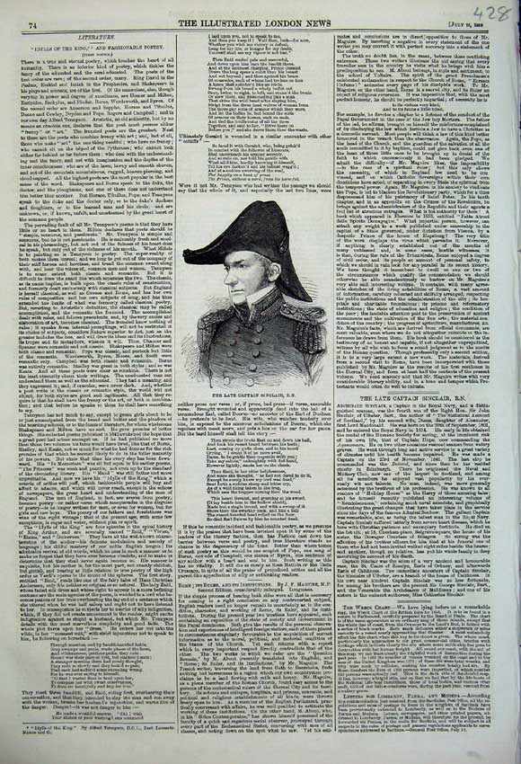 Old Antique Print Portrait Late Captain Sinclair War Army Navy Man 1859 19th