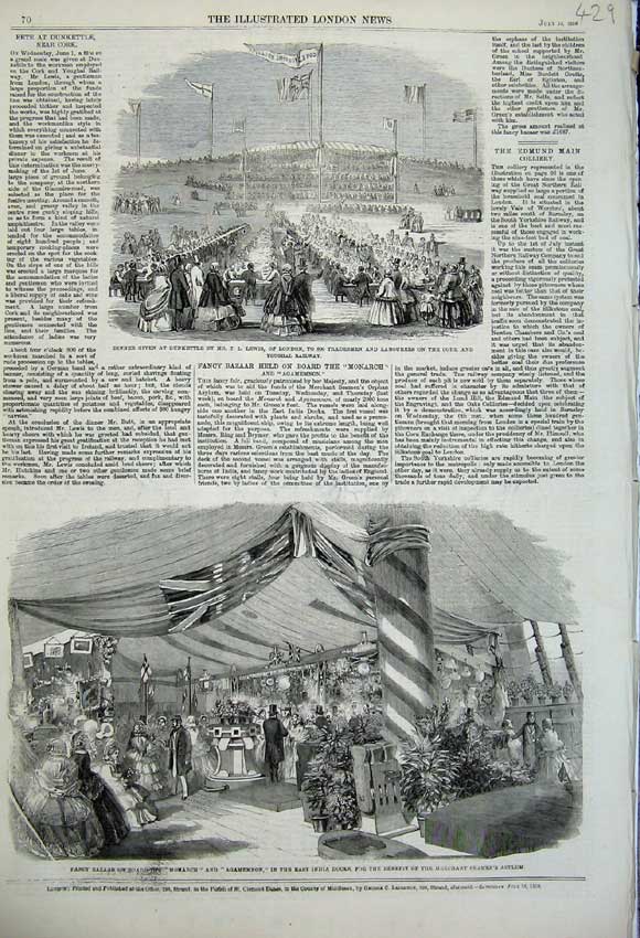 Old Antique Print 1859 Bazaar Monarch Agamemnon Ship India Docks Dinner 19th