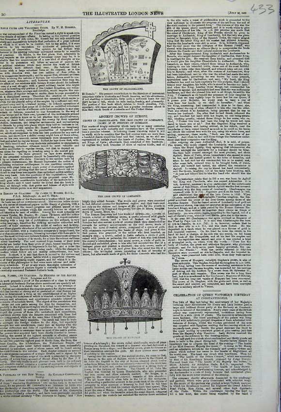 Original Old Antique Print 1859 Crown Hungary Iron Lombardy Charlemagne 19th