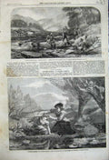 Old Antique Print 1859 Mother Child River Wales Salmon Fishing Men Trees 19th