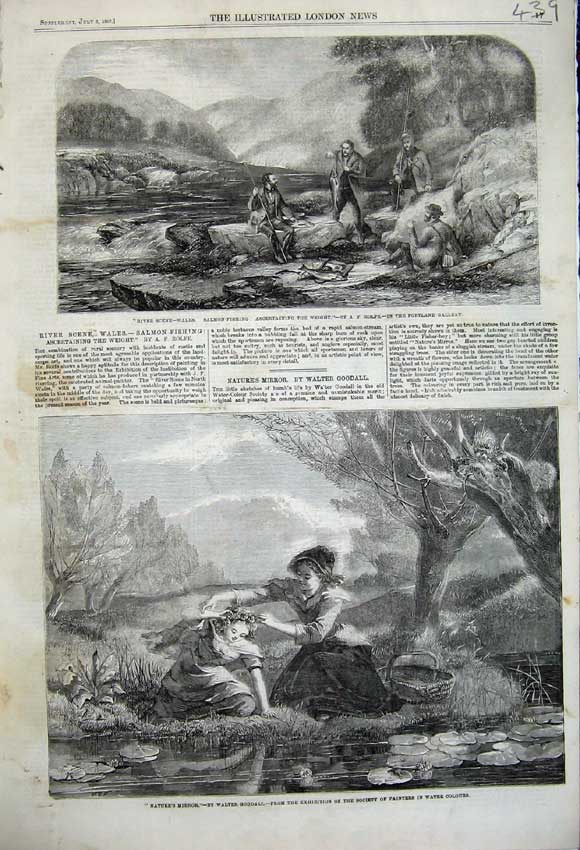 Old Antique Print 1859 Mother Child River Wales Salmon Fishing Men Trees 19th
