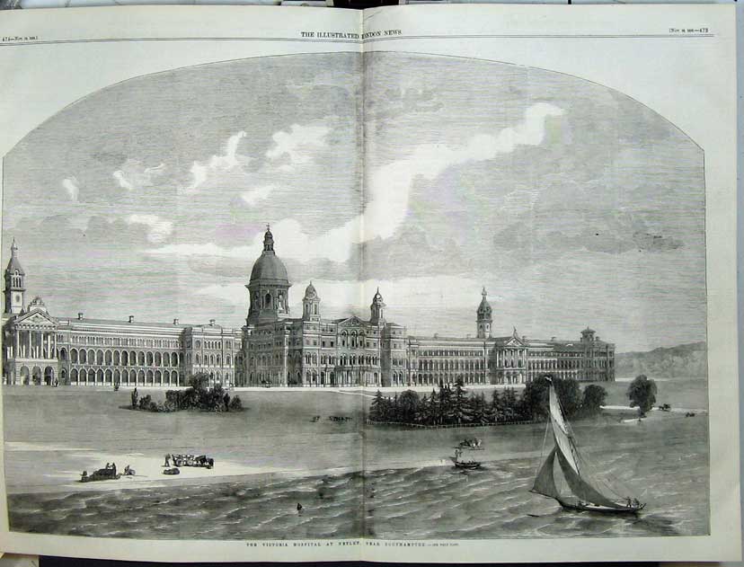 Old Antique Print 1859 Victoria Hospital Netley Southampton Yacht Boats 19th