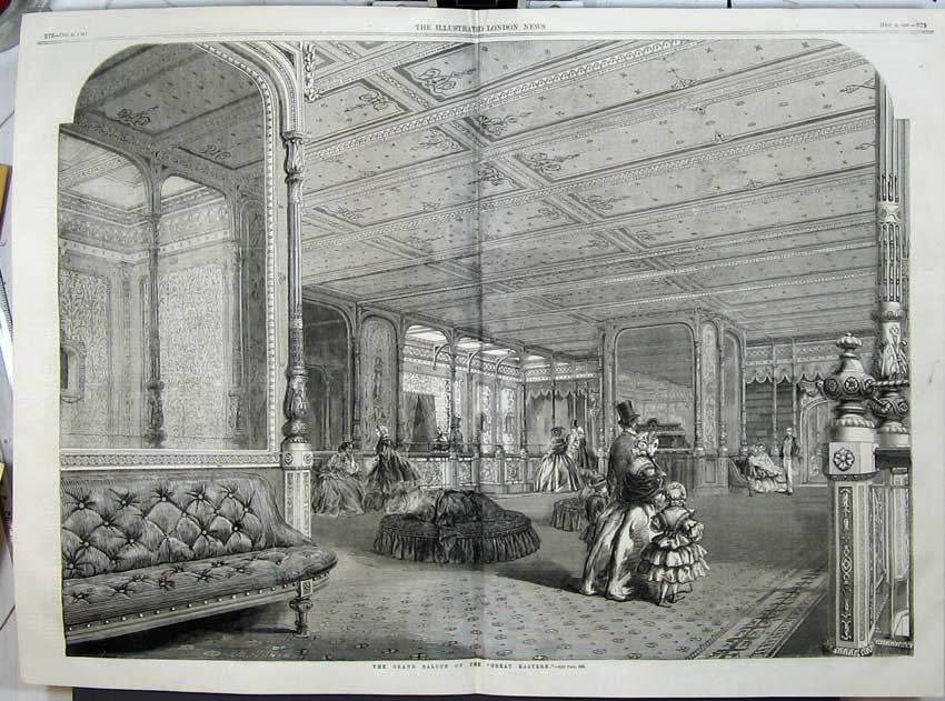 Antique Old Print 1859 Interior Grand Saloon Great Eastern Steam Ship War 19th