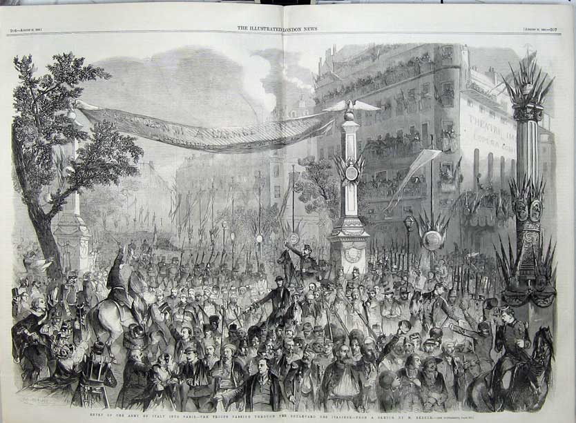Antique Old Print Army Italy Paris Troops Boulevard Des Italiens War 1859 19th