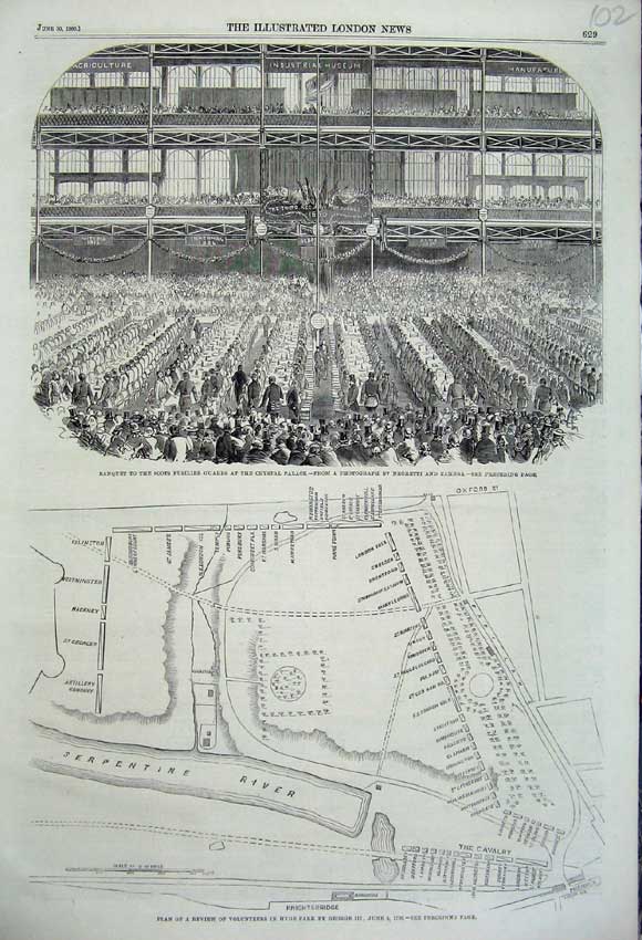 Old Antique Print Banquet Scots Guards Crystal Palace 1860 Plan Hyde Park 19th