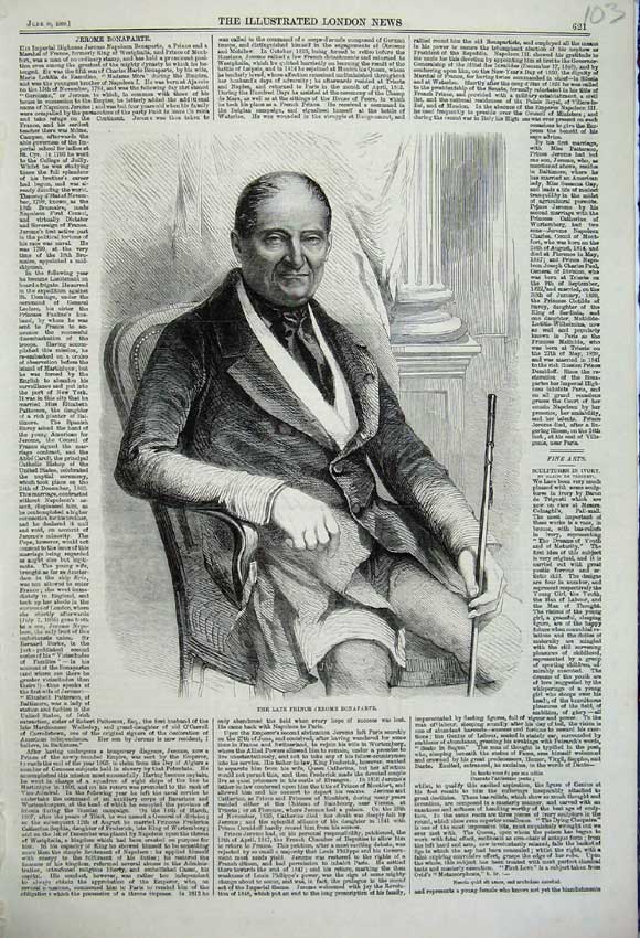 Old Antique Print 1860 Portrait Late Prince Jerome Bonaparte France Man 19th