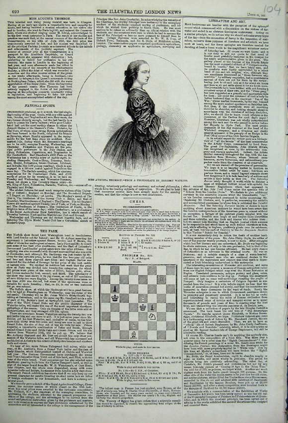 Original Old Antique Print 1860 Portrait Miss Augusta Thomson Chess Board Game
