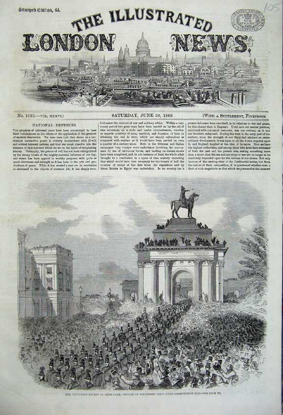 Original Old Antique Print 1860 Volunteer Review Hyde Park Constitution London