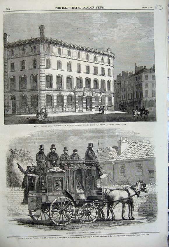 Original Old Antique Print Covent Garden Auction Debenham 1860 Tivoli'S Omnibus