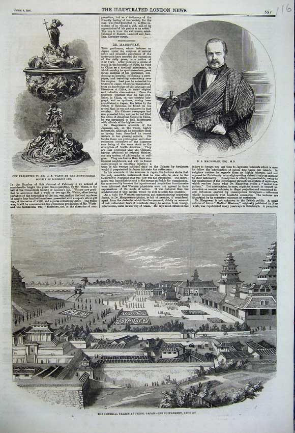 Original Old Antique Print 1860 Imperial Palace Jeddo Japan Macgowan Cup Watts