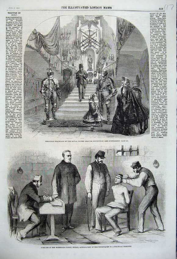 Old Antique Print Staircase Royal Institution 1860 Torture Prison Sicily 19th