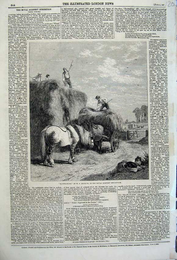 Original Old Antique Print 1860 Farming Haystacking Horse Cart Farmer Hopkins