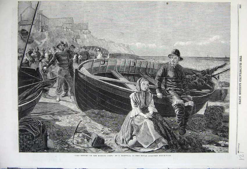 Old Antique Print 1860 Missing Crew Ship Shore Woman Sailing Boat Sailors 19th