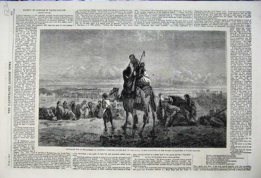 Original Old Antique Print 1860 Preparing Encampment Palmyra Army Camels War