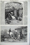 Original Old Antique Print 1860 Farmhouse Porch Horse Chickens Children Family