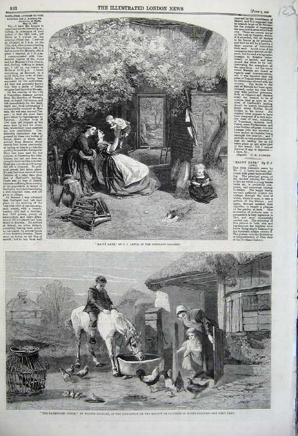 Original Old Antique Print 1860 Farmhouse Porch Horse Chickens Children Family