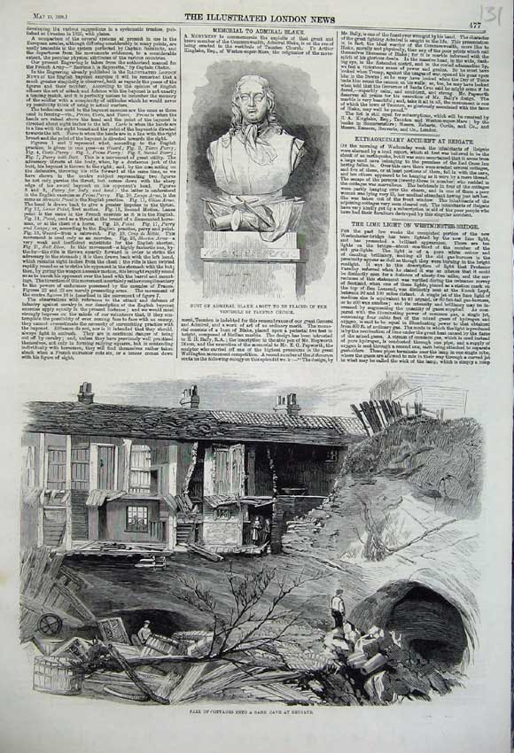 Old Antique Print 1860 Cottage Fall Sand Cave Reigate Bust Admiral Blake 19th