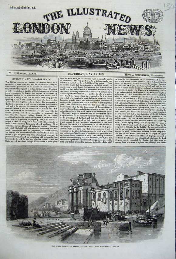 Old Antique Print 1860 Porta Felice Marina Palermo Sicily Boats Buildings 19th