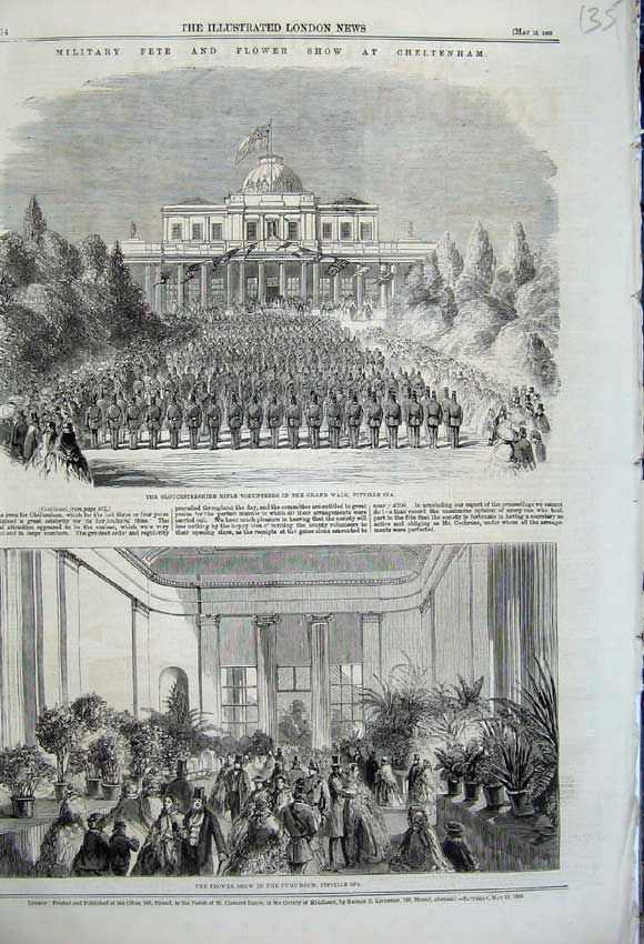 Old Antique Print 1860 Flower Show Pitville Spa Gloucestershire Rifle War 19th