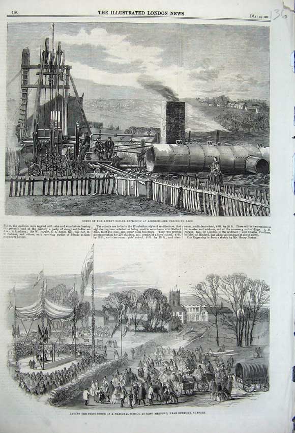 Original Old Antique Print 1860 Boiler Explosion Airdrie School Melford Suffolk