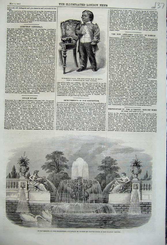 Old Antique Print 1860 Fountain Serpentine Italian Garden Mohammed Baux 19th