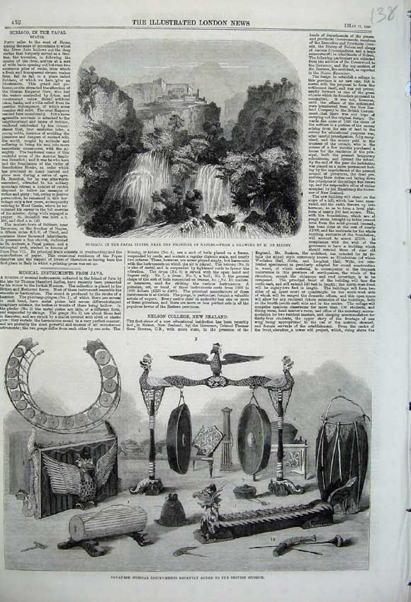 Old Antique Print 1860 Javanese Musical Instruments Museum Subiaco Naples 19th