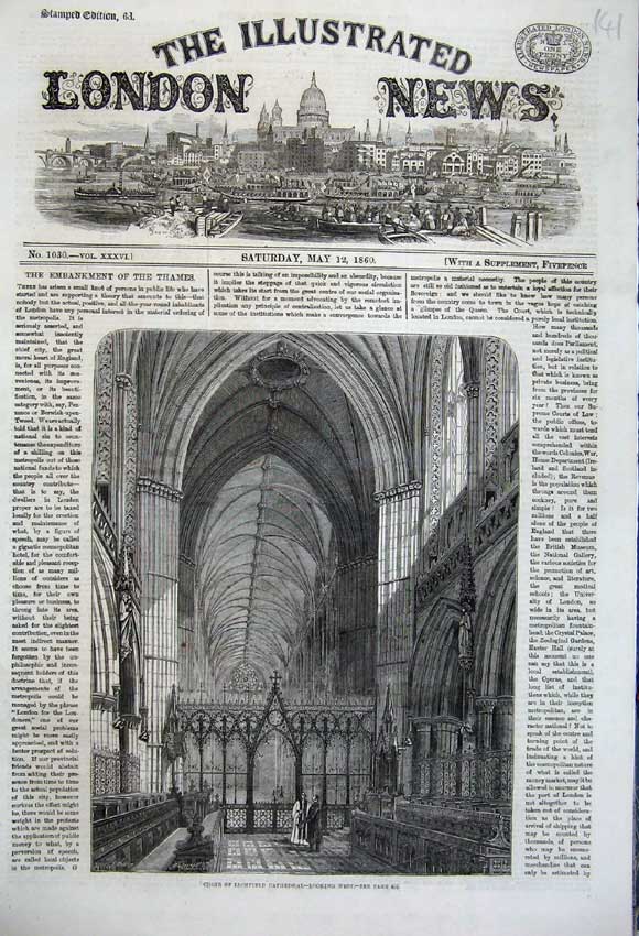 Old Antique Print 1860 Interior Choir Lichfield Cathedral Church Priest 19th