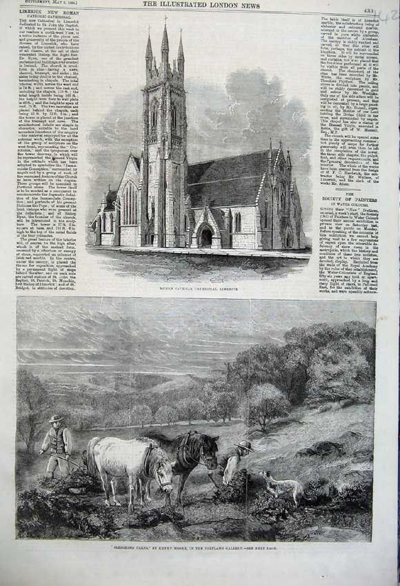 Old Antique Print 1860 Sleighing Ferns Horses Catholic Cathedral Limerick 19th