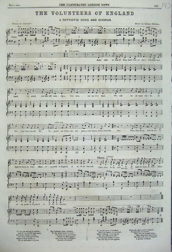 Original Old Antique Print 1860 Music Words Volunteers England Patriotic Song