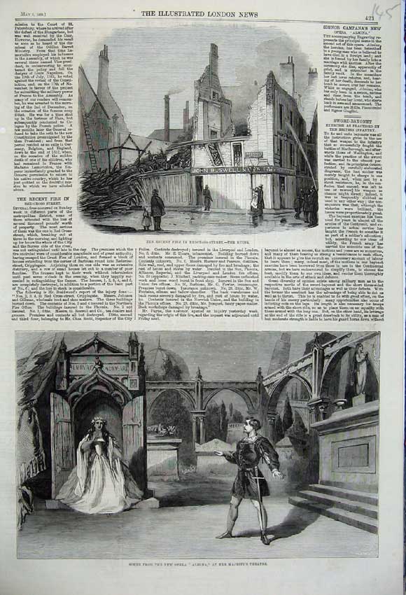 Original Old Antique Print 1860 Fire Redcross Street Ruins Opera Almina Theatre