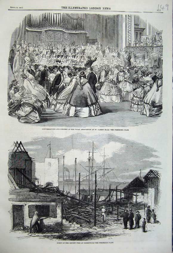 Original Old Antique Print 1860 James Hall Concert Vocal Association Greenwich