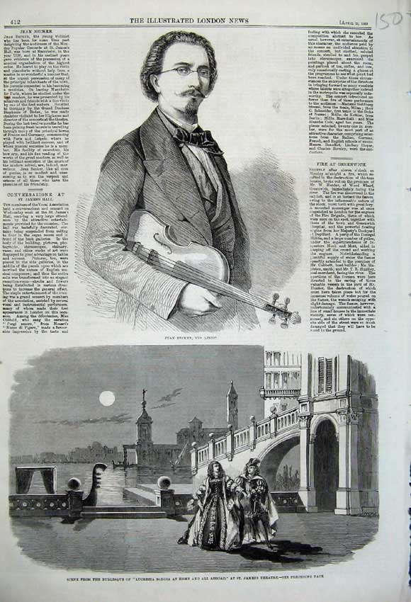 Original Old Antique Print 1860 Jean Becker Violinist Theatre Burlesque Borgia