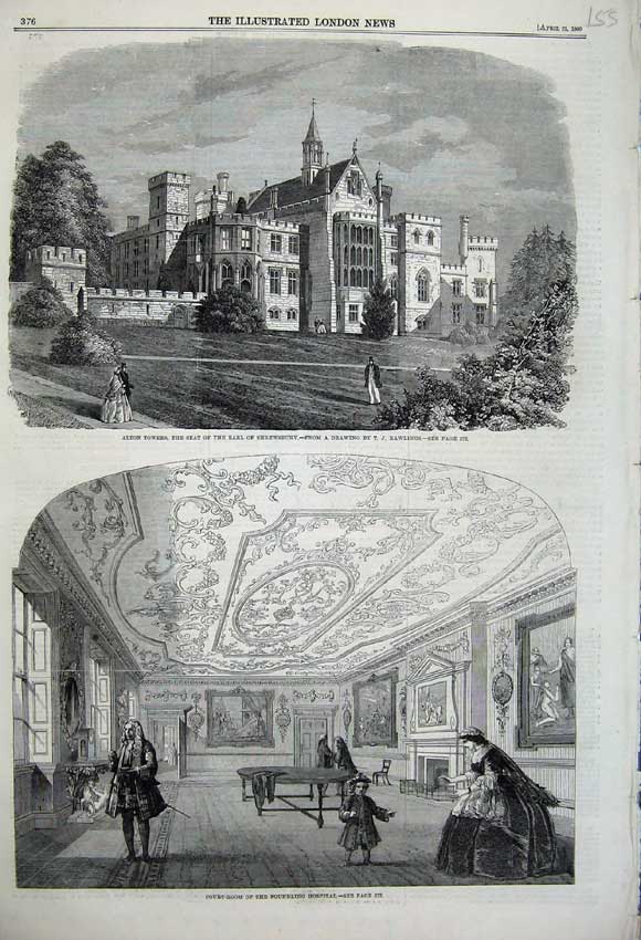 Original Old Antique Print 1860 Alton Towers Earl Shrewsbury Hospital Foundling