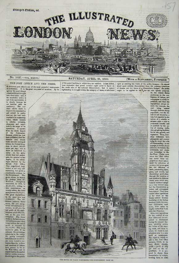 Original Old Antique Print 1860 Exterior Hotel De Ville Compiegne Horses Men