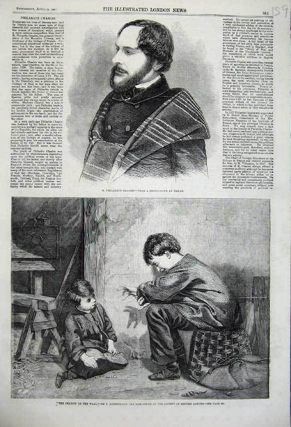 Original Old Antique Print 1860 Portrait Philarete Chasles Boys Playing Shadows