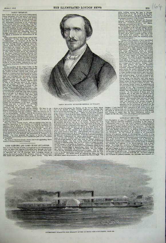 Old Antique Print 1860 Baron Ricasoli Tuscany Steam Tug India Government 19th