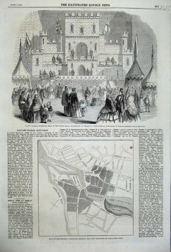 Original Old Antique Print 1860 Bazaar Music Hall Edinburgh Plan Barbadoes Map