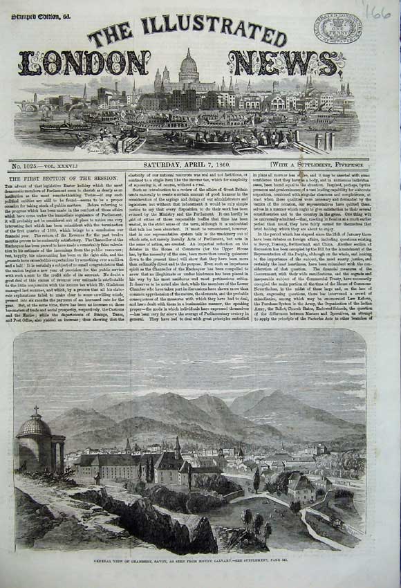 Original Old Antique Print 1860 View Chambery Mount Calvary Mountains Houses